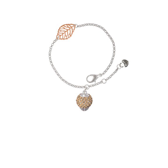 Delight Jewelry Silvertone Light Brown Crystal Sparkle Spinner - Rose Goldtone Leaf Delicate Bracelet, 6.25+1.75"