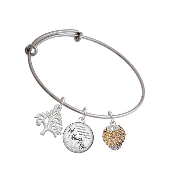 Delight Jewelry Silvertone Light Brown Crystal Sparkle Spinner Silvertone Let Things Go Tree Charm Bangle Bracelet