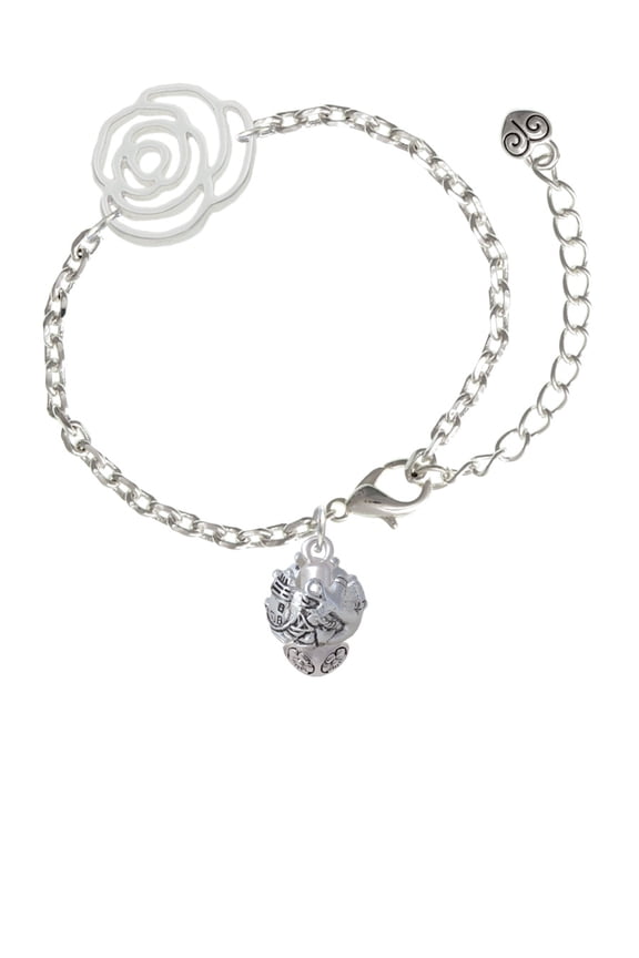Silvertone Lighthouse, Ship Wheel, Anchor Spinner Silver-tone Flower Link Chain Bracelet, 6.75"+2" Extender