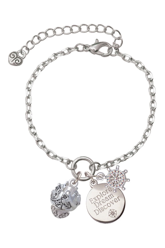 Silvertone Lighthouse, Ship Wheel, Anchor Spinner Silvertone Discover Dream Explore Zoey Charm Bracelet, 6.5+2" Extender