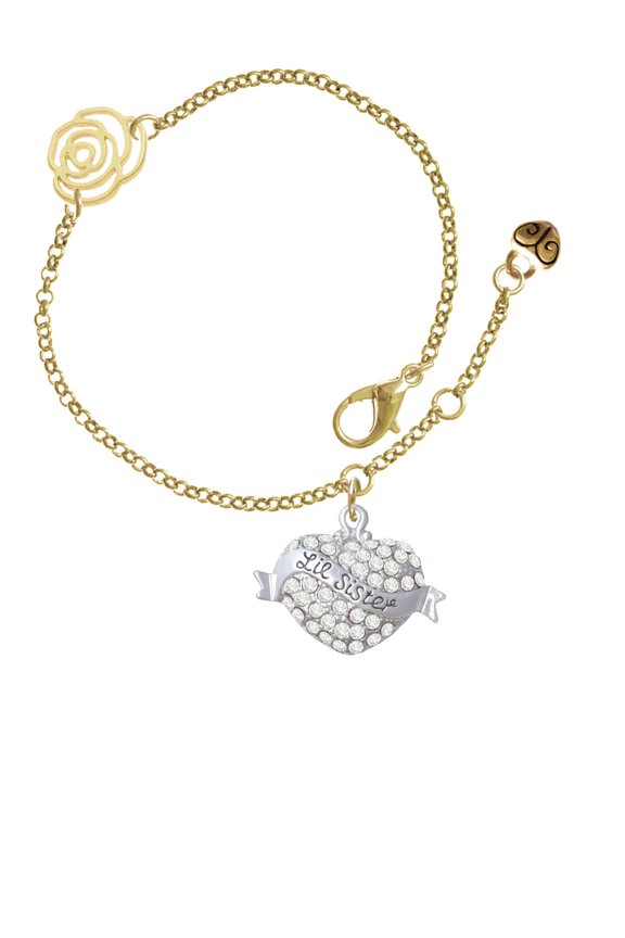 Silvertone Lil Sister Banner on Clear Crystal Heart Gold-tone Rose Link Chain Bracelet, 6.25"+1.75" Extender