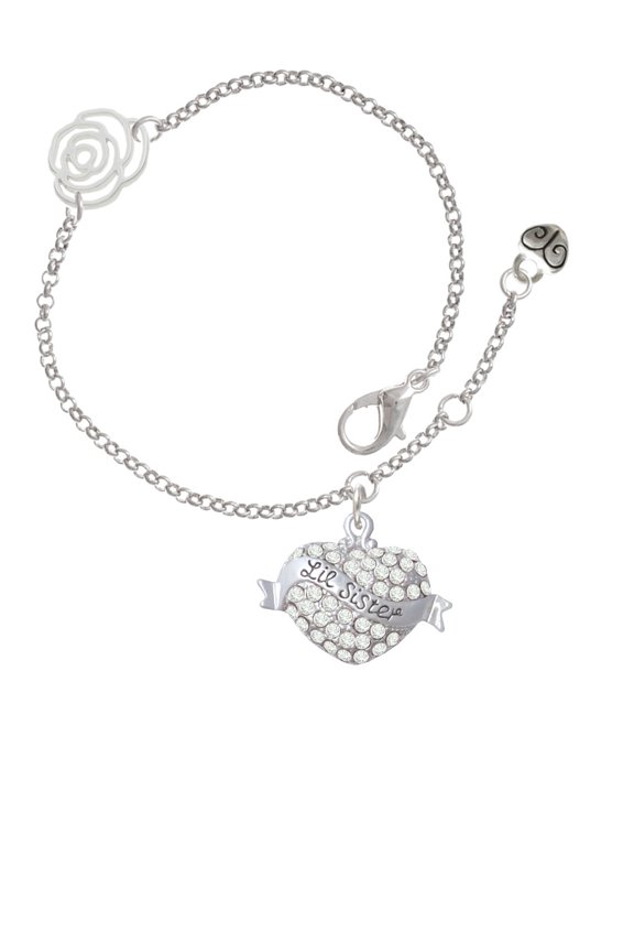Silvertone Lil Sister Banner on Clear Crystal Heart Silver-tone Rose Link Chain Bracelet, 6.25"+1.75" Extender