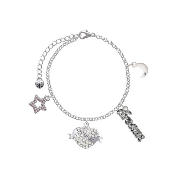 Delight Jewelry Silvertone Lil Sister Banner on Clear Crystal Heart Silvertone Dream Big Charm Bracelet, 7.5+2" Extender