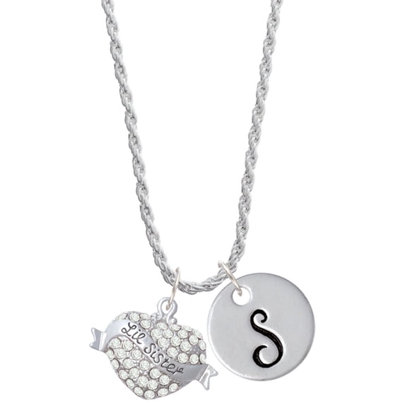 Delight Jewelry Silvertone Lil Sister Banner on Clear Crystal Heart Silvertone Script Initial Disc - S - Charm Necklace, 20"+3"