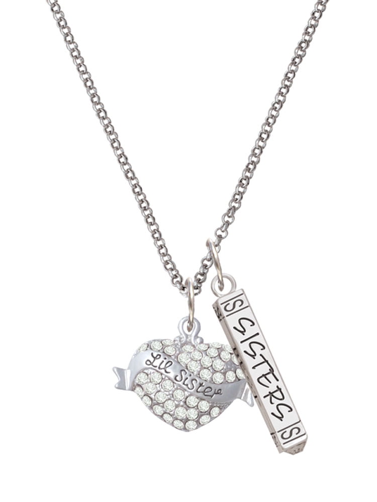 Delight Jewelry Silvertone Lil Sister Banner on Clear Crystal Heart Silvertone Sisters Best Friends Forever Bar Charm Necklace, 23"