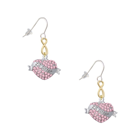 Delight Jewelry Silvertone Lil Sister Banner on Pink Crystal Heart Gold Tone Infinity French Earrings