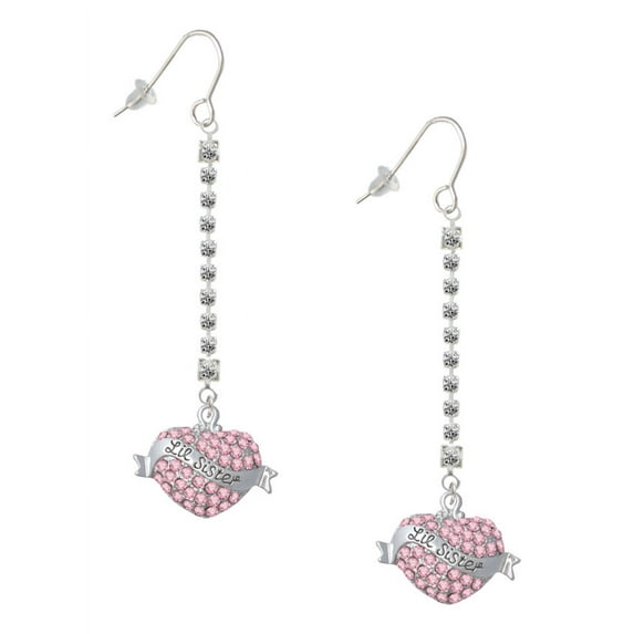 Delight Jewelry Silvertone Lil Sister Banner on Pink Crystal Heart - Silver-tone Long Sparkle Dangle French Earrings