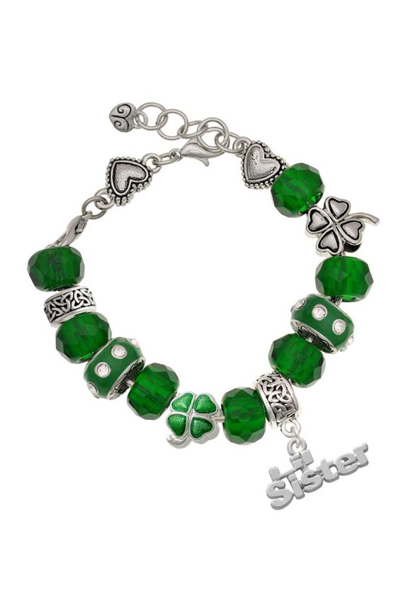 Silvertone Lil Sister - Green Irish Luck Bead Charm Bracelet, 7.5"