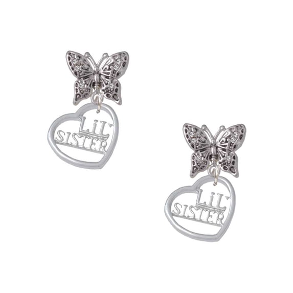 Delight Jewelry Silvertone Lil Sister in Open Heart - 5/8'' Silvertone Antiqued Butterfly Post Earrings