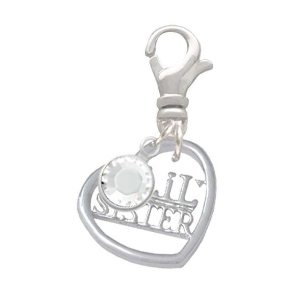 Delight Jewelry Silvertone Lil Sister in Open Heart - 5/8'' - Silvertone Clip on Charm with Clear Crystal Drop