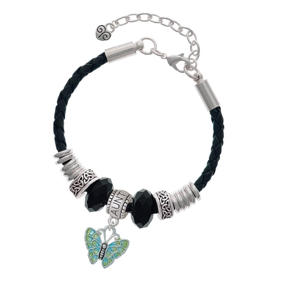 Delight Jewelry Silvertone Lime Green & Blue Butterfly Aunt Celtic Knot Leather Bead Bracelet, 7"+2" Extender