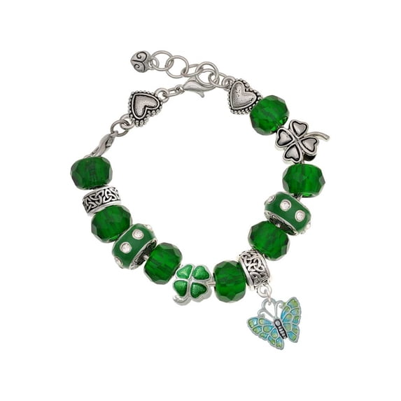 Delight Jewelry Silvertone Lime Green & Blue Butterfly - Green Irish Luck Bead Charm Bracelet, 7.5"