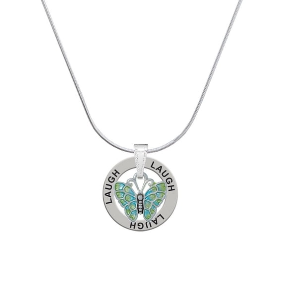 Delight Jewelry Silvertone Lime Green & Blue Butterfly Laugh Ring Charm Necklace, 18"