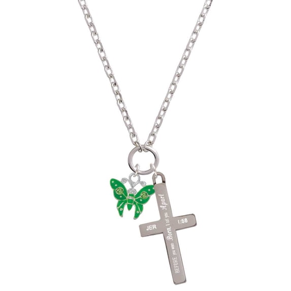 Delight Jewelry Silvertone Lime Green Butterfly with 2 Lime Green Crystals I Set You Apart Engraved Cross Zoey Necklace, 28"