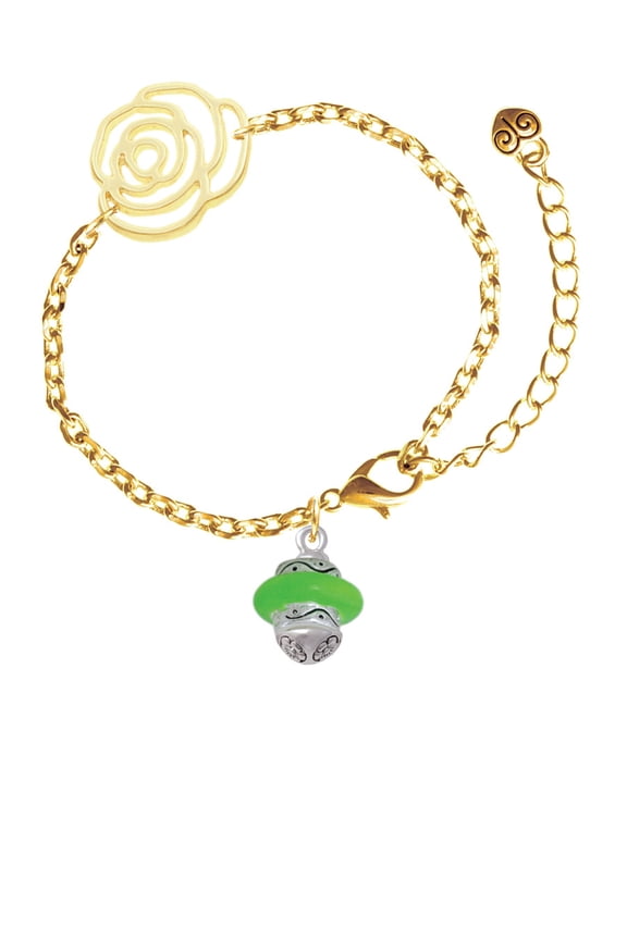 Silvertone Lime Green Center Spinner Gold-tone Flower Link Chain Bracelet, 6.75"+2" Extender