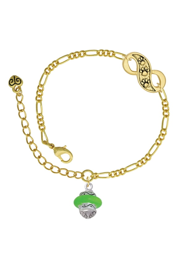 Silvertone Lime Green Center Spinner Gold-tone Paw Infinity Link Chain Bracelet, 6"+2" Extender