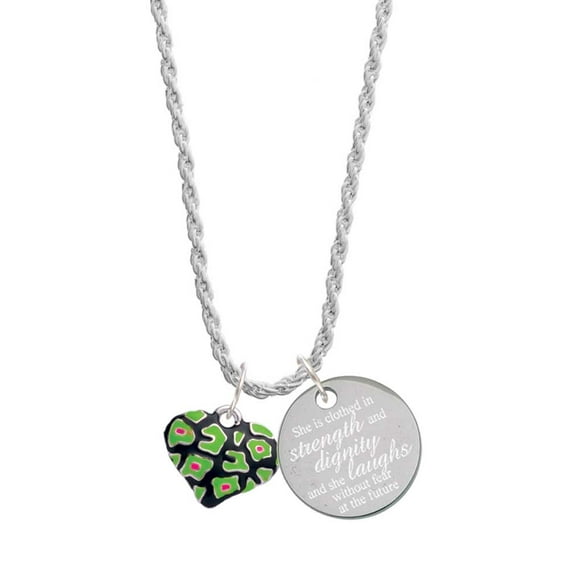 Delight Jewelry Silvertone Lime Green Cheetah Print Heart She is Clothed in Stength and Dignity Charm Necklace, 20"+3"