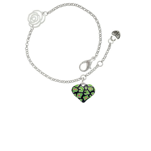 Delight Jewelry Silvertone Lime Green Cheetah Print Heart Silver-tone Rose Link Chain Bracelet, 6.25"+1.75" Extender