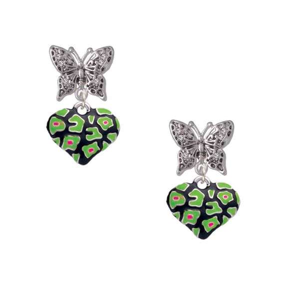 Delight Jewelry Silvertone Lime Green Cheetah Print Heart Silvertone Antiqued Butterfly Post Earrings