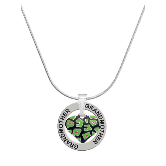 Delight Jewelry Silvertone Lime Green Cheetah Print Heart Silvertone Grandmother Ring Charm Necklace, 18"
