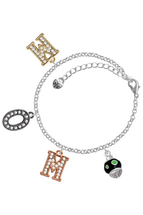 Silvertone Lime Green Dots on Black Spinner Multi-Colored Crystal Mom Charm Bracelet