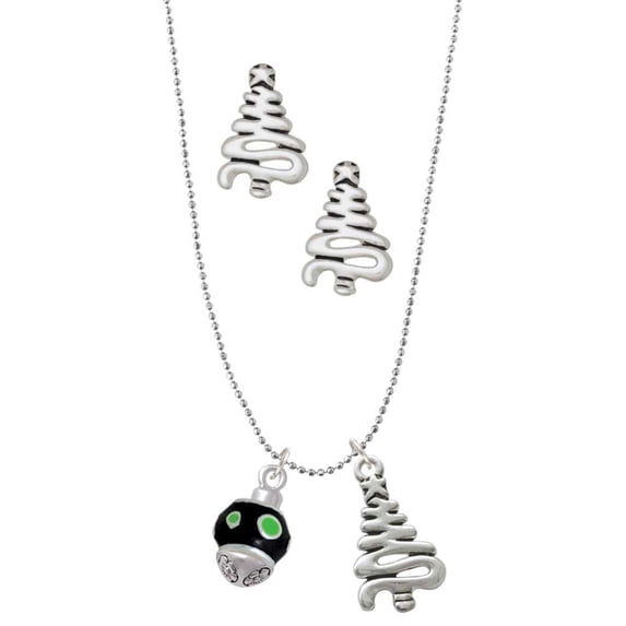 Delight Jewelry Silvertone Lime Green Dots on Black Spinner Silver tone Zig Zag Christmas Tree Charm Necklace and Stud Earrings