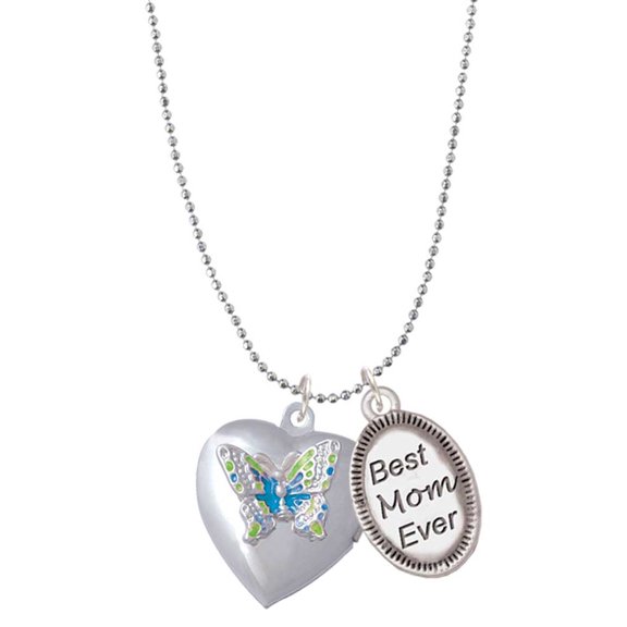 Delight Jewelry Silvertone Lime Green & Hot Blue Butterfly Locket Best Mom Ever Charm Necklace