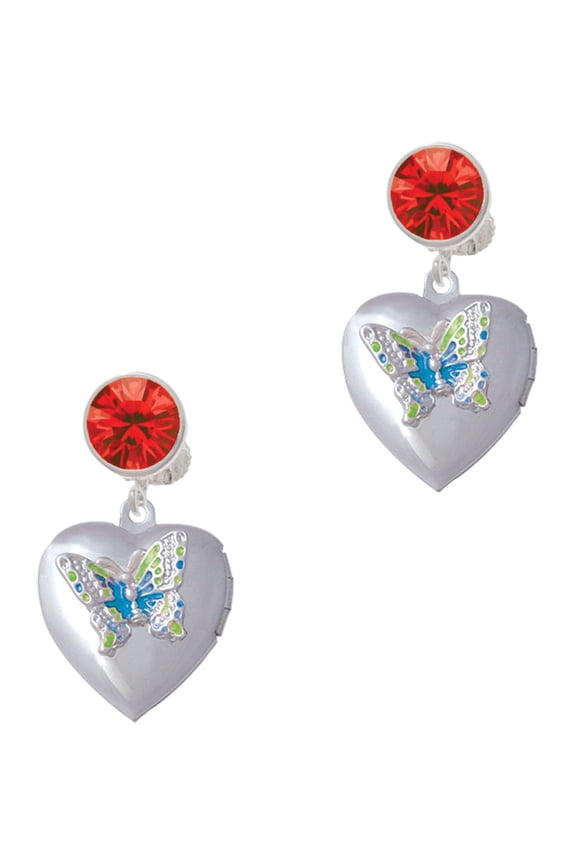 Silvertone Lime Green & Hot Blue Butterfly Locket Red Crystal Clip on Earrings