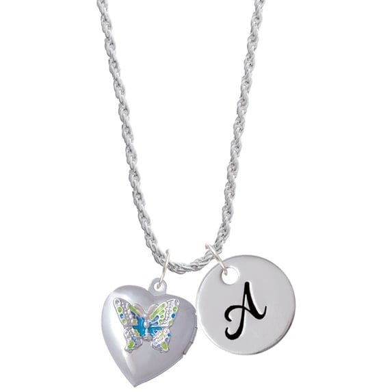 Delight Jewelry Silvertone Lime Green & Hot Blue Butterfly Locket Silvertone Script Initial Disc - A - Charm Necklace, 20"+3"