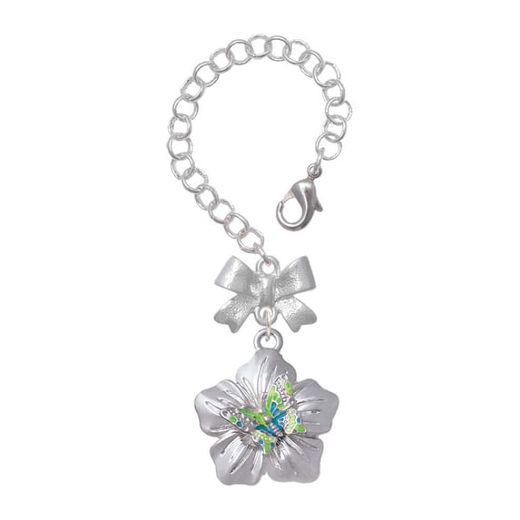 Delight Jewelry Silvertone Lime Green & Hot Blue Butterfly on Large Flower - Silvertone Bow Charm Accessory for Tumblers and Thermal Cups