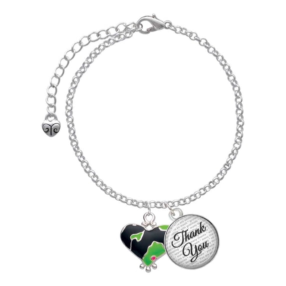 Delight Jewelry Silvertone Lime Green Large Cheetah Print Heart - Domed Thank You Charm Bracelet, 6"+2"