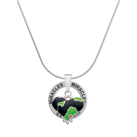 Delight Jewelry Silvertone Lime Green Large Cheetah Print Heart Miracles Ring Charm Necklace, 18"