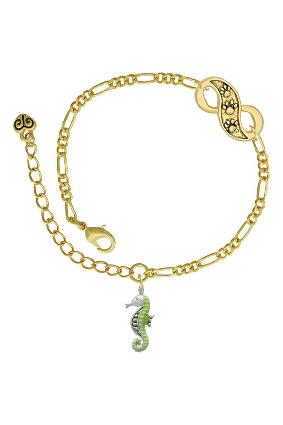 Silvertone Lime Green Seahorse Gold-tone Paw Infinity Link Chain Bracelet, 6"+2" Extender