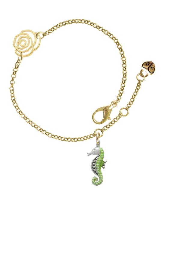 Silvertone Lime Green Seahorse Gold-tone Rose Link Chain Bracelet, 6.25"+1.75" Extender