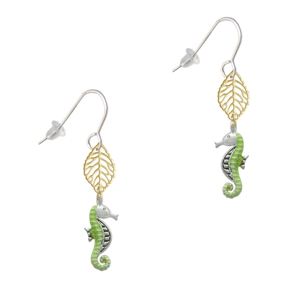 Delight Jewelry Silvertone Lime Green Seahorse Goldtone Leaf French Earrings