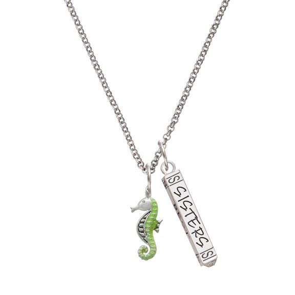 Delight Jewelry Silvertone Lime Green Seahorse Silvertone Sisters Best Friends Forever Bar Charm Necklace, 23"