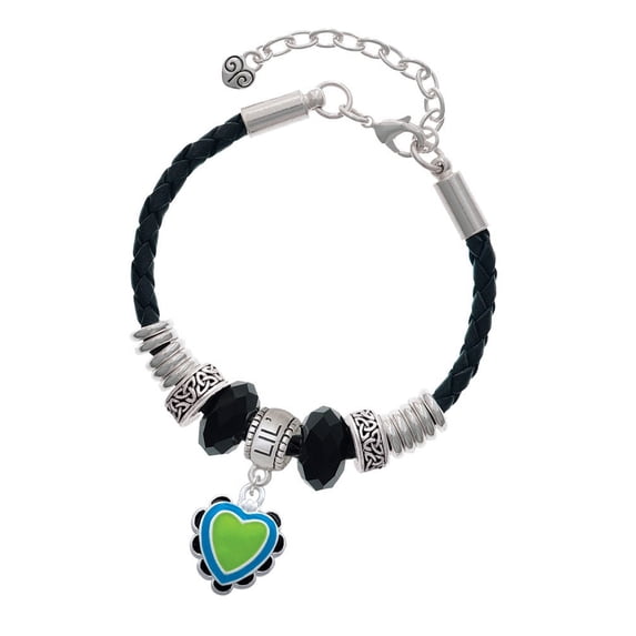 Delight Jewelry Silvertone Lime Green & Silvertone Hot Blue Heart with Black Ruffles Sister Celtic Knot Leather Bead Bracelet, 7"+2" Extender