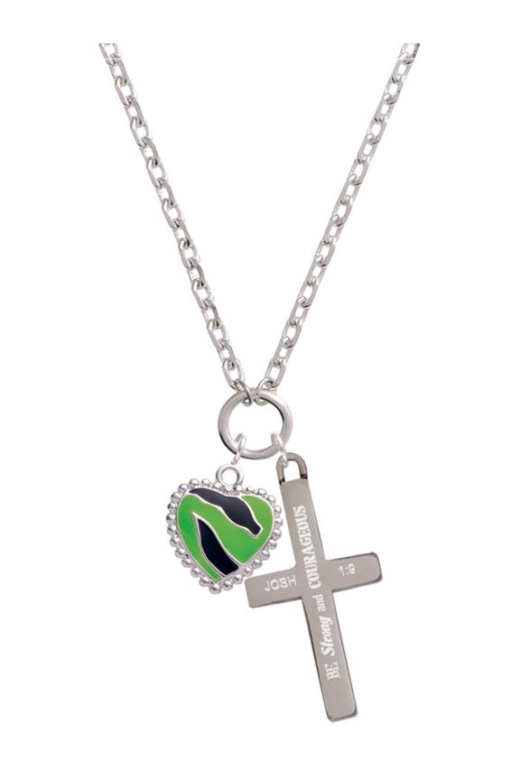Silvertone Lime Green Zebra Print Heart Be Strong and Courageous Engraved Cross Zoey Necklace, 28"