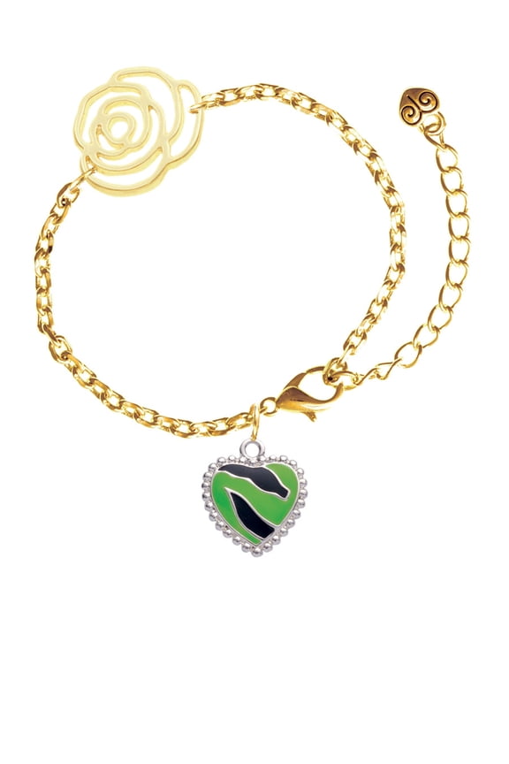 Silvertone Lime Green Zebra Print Heart Gold-tone Flower Link Chain Bracelet, 6.75"+2" Extender