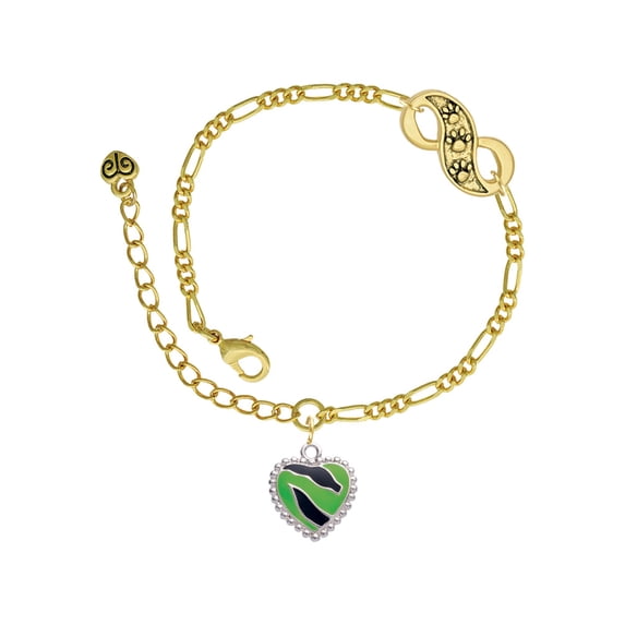 Delight Jewelry Silvertone Lime Green Zebra Print Heart Gold-tone Paw Infinity Link Chain Bracelet, 6"+2" Extender