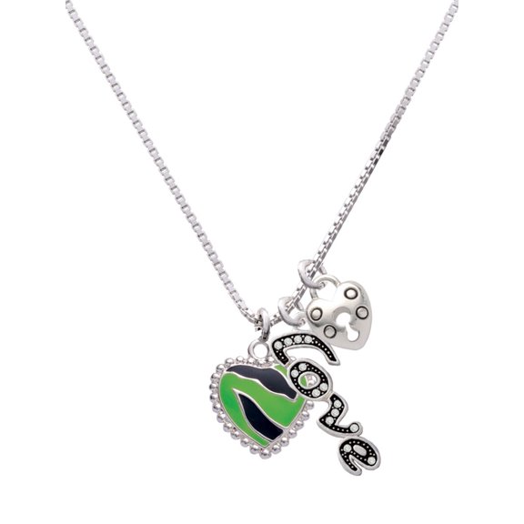 Delight Jewelry Silvertone Lime Green Zebra Print Heart - Love and Lock Charm Necklace, 18"+1"