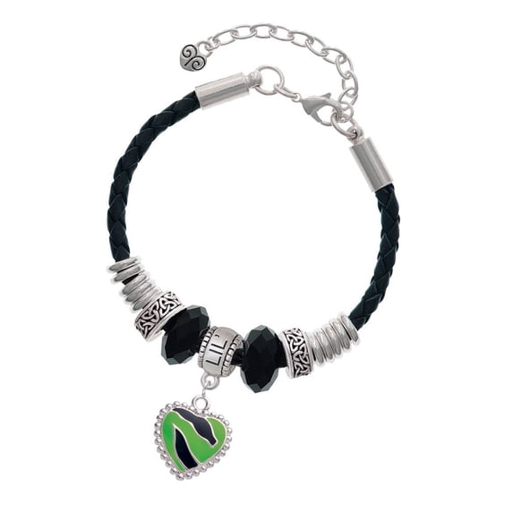 Delight Jewelry Silvertone Lime Green Zebra Print Heart Middle Sister Celtic Knot Leather Bead Bracelet, 7"+2" Extender
