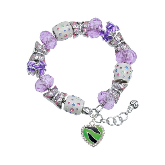 Delight Jewelry Silvertone Lime Green Zebra Print Heart Purple Butterfly Bead Charm Bracelet, 7"+1" Extender