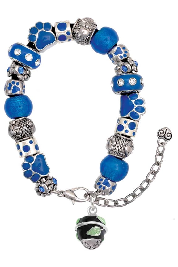 Silvertone Lime Leaves on Black Band Spinner Blue Paw Print Bead Bracelet, 7"+2"