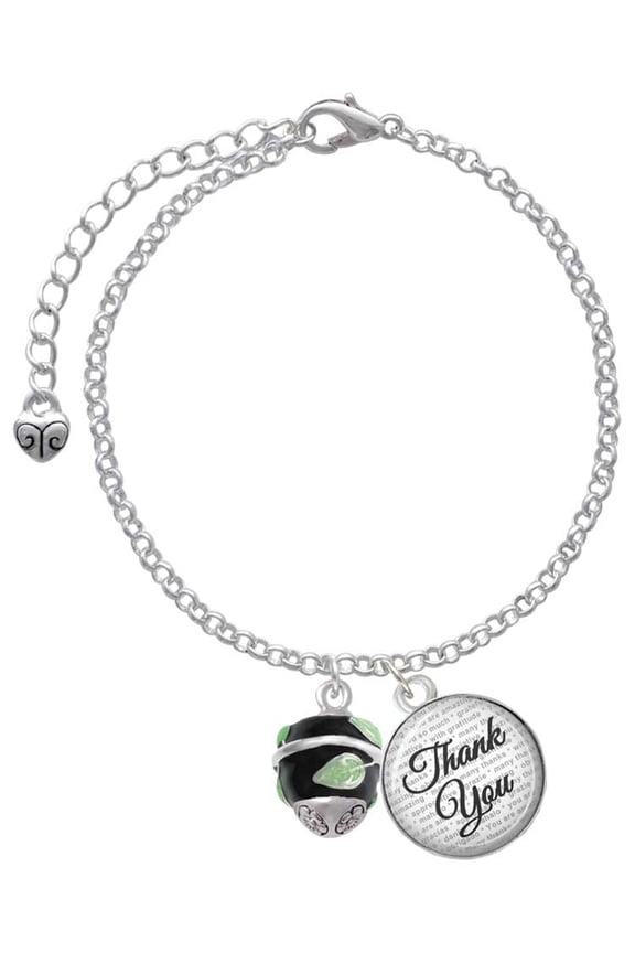 Silvertone Lime Leaves on Black Band Spinner - Domed Thank You Charm Bracelet, 6"+2"