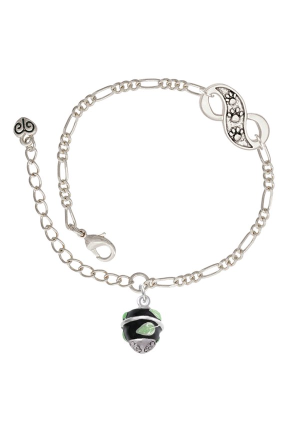 Silvertone Lime Leaves on Black Band Spinner Silver-tone Paw Infinity Link Chain Bracelet, 6"+2" Extender