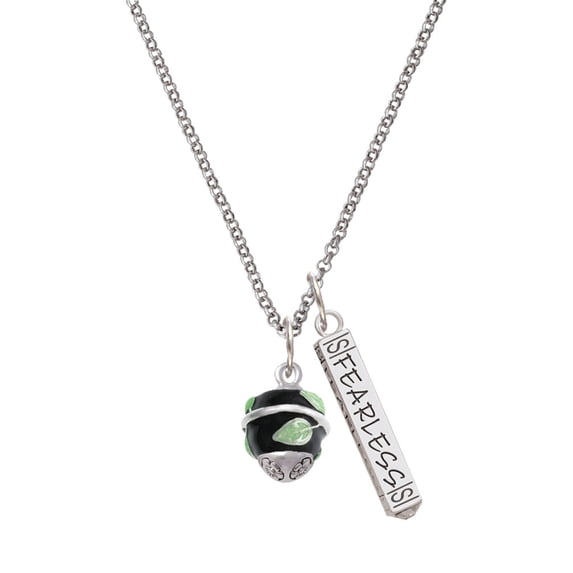 Delight Jewelry Silvertone Lime Leaves on Black Band Spinner Silvertone Fearless Bar Charm Necklace, 23"