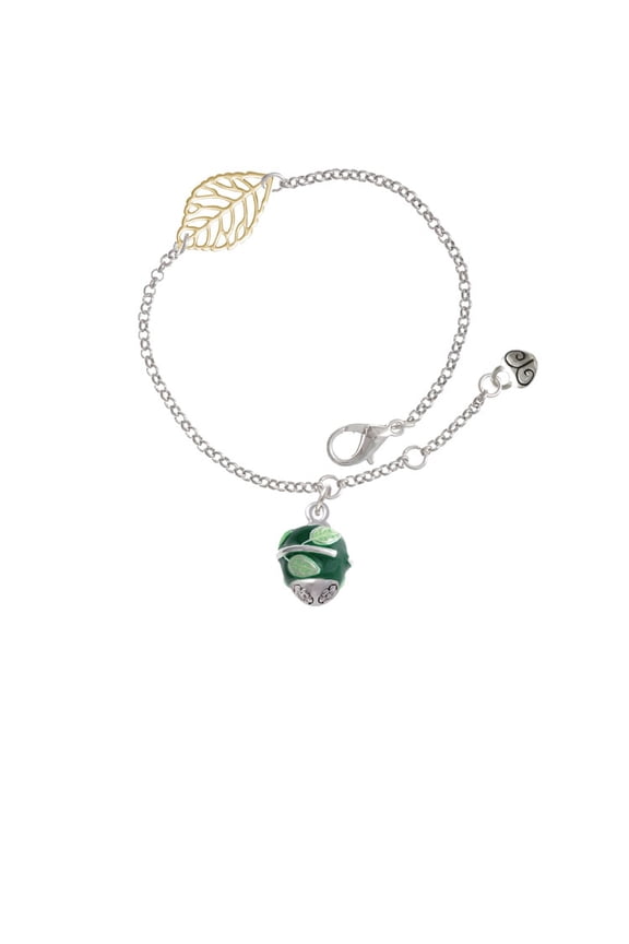 Silvertone Lime Leaves on Green Band Spinner - Goldtone Leaf Delicate Bracelet, 6.25+1.75"