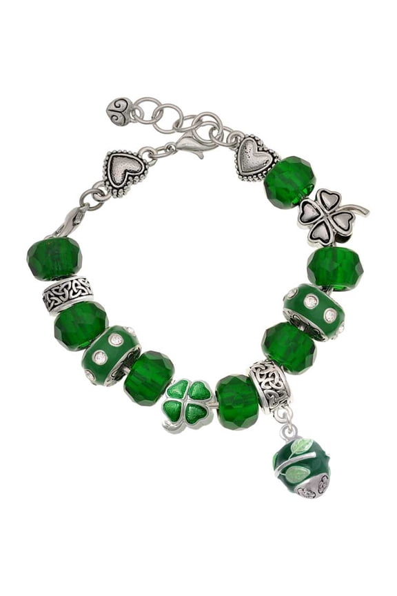 Silvertone Lime Leaves on Green Band Spinner - Green Irish Luck Bead Charm Bracelet, 7.5"
