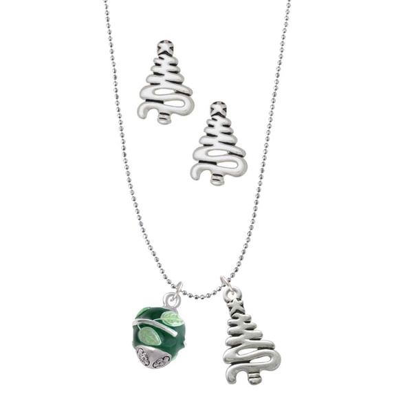 Delight Jewelry Silvertone Lime Leaves on Green Band Spinner Silver tone Zig Zag Christmas Tree Charm Necklace and Stud Earrings